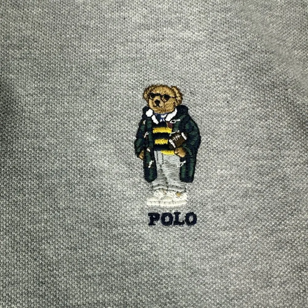 Polo Ralph Lauren Men Classic Fit Polo Shirt Gray FOOTBALL Bear Men L TEDDY GREY